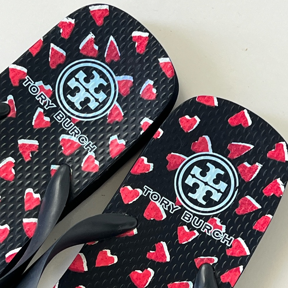 Tory Burch Black with Red Hearts Flip Flop Thong Sweetheart Sandals - Picture 3 of 7